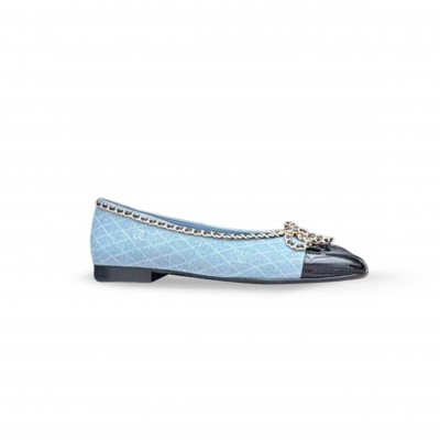 CHANEL DENIM EMBROIDERED GROSGRAIN CC CAP TOE BALLERINA 